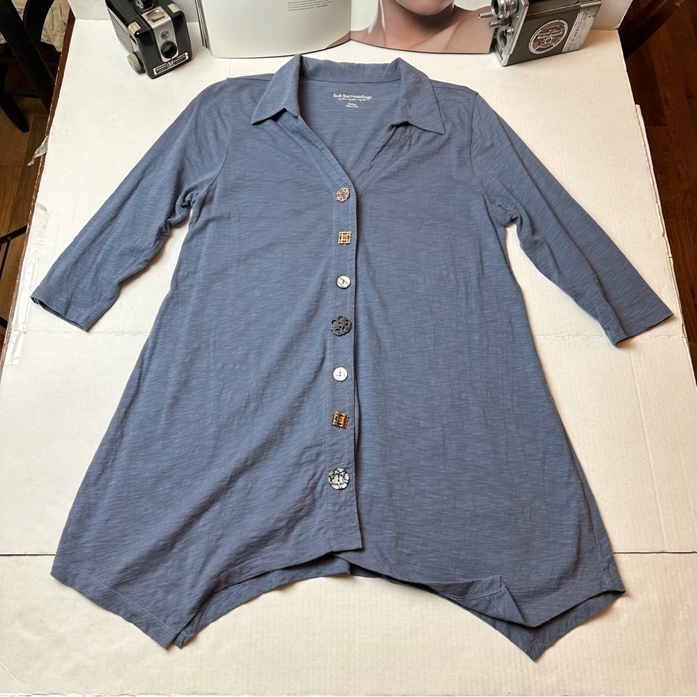 Soft Surroundings Lagenlook Longline Tunic Top M Blue Cotton Boho Artsy Button